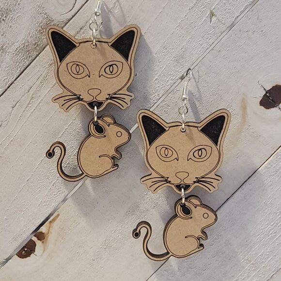 Handmade Cat and Mouse Earrings #3 - Picture 1 of 7